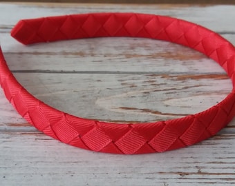 Red Woven Hard Headband, Diamond Weave Grosgrain Ribbon