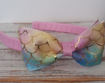 Mermaid Scales Bow Headband, Sparkle Grosgrain Ribbon Hair Bow
