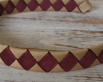 Woven Headband, Maroon and Khaki Diamond Weave, Grosgrain Ribbon