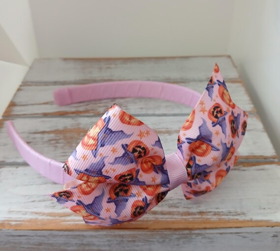 Halloween Hair Bow Headband, Pumpkin & Witch Hat, Grosgrain 
