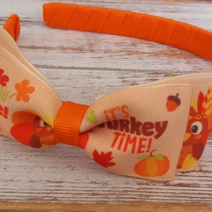 Turkey bow on hard Headband, Thanksgiving Headband, Fall Headband, Big Girl Headbands, Toddler Headbands, Thanksgiving Hair bows, fall bows