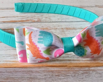 Dinosaur Hair Bow Headband, Grosgrain Ribbon Bow