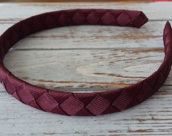 Maroon Woven Headband, Diamond Weave, Grosgrain Ribbon