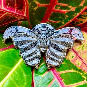 Könnte beinhalten: Eine goldfarbene Schmetterlingsnadel mit komplizierten schwarz-weißen Mustern und einem blauen und grünen Glitzerfinish. Die Nadel ist vor einem Hintergrund aus roten und grünen Blättern platziert.
