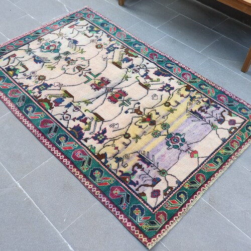 Turkish Rug, Accent Rug, 3.5x5.7 ft, Vintage Rug, Bedroom Rug, Floral Rug, Beige Rug, Handmade Rug, Oushak Rug, Wool shops Rug, Gift Rug, AO-5661
