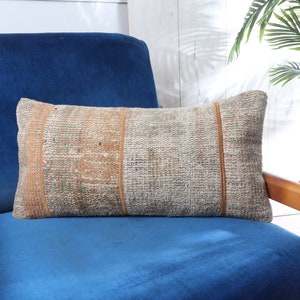 May include: A blue velvet armchair with a brown and beige patterned throw pillow. The pillow has a woven texture and is placed on the seat of the chair.