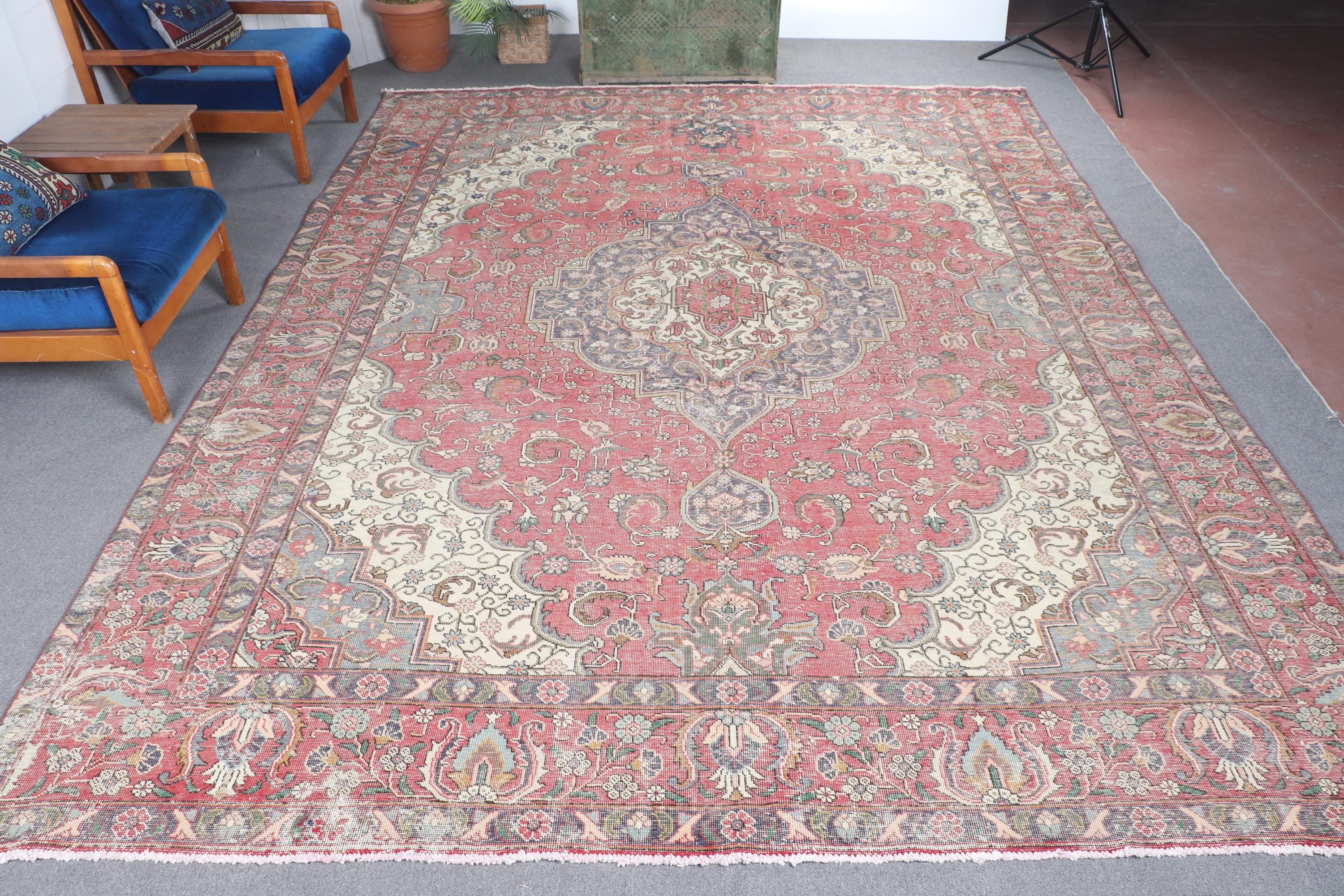 Vintage Rug, Oversize 9.4x12.6 Ft Turkish Rug, Red Plants & Trees
