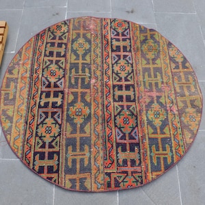 Turkish Rug, Circle Rug, 4x4 ft, Vintage Rug, Round Rug, Oriental Rug, Small Rug, Door Mat, Handmade Rug, Oushak Rug, Antique Rug, TA-6503