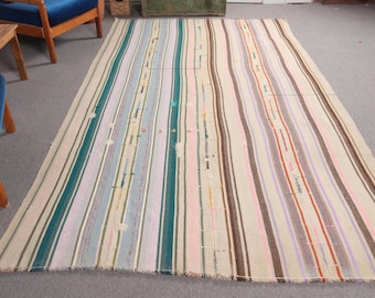 Large Kilim, Striped Turkish Kilim, Vintage Kilim, Oushak Kilim, Rugs For Dining Room, 5.9x9.9 ft Beige Kilim, Antique Anatolian Kilim,
