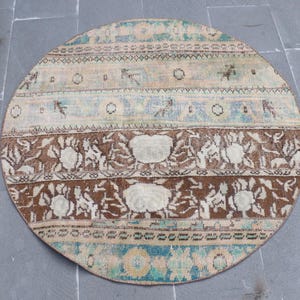 Round Turkish Rug, 4x4ft Door Mat, Vintage Bohemian Style, Earthy Tones, Floral and Geometric Patterns, Living Room Accent