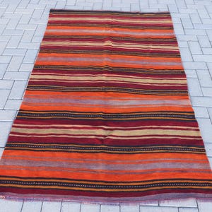 Turkish Area Rug, Striped Design, Vibrant Orange and Red Colors, 4x7ft, Handwoven Wool Carpet