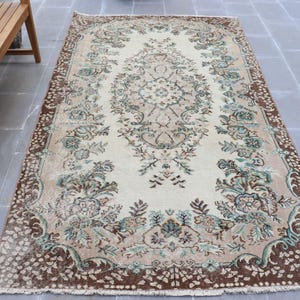 Turkish Rug, Vintage Oushak, 5x9ft, 151x264cm, Brown and Cream Accent, Living Room Decor, Handmade Floral Carpet, Unique Home Gift