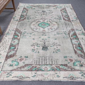 Vintage Rug, Oushak Rug, Turkish Rug, 5.8x9.1 ft Large Rugs, Green Anatolian Rugs, Rugs For Bedroom, Large Turkish Rug