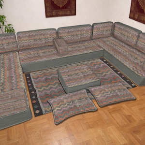 Zigzag Ottoman Floor Cushion Seating, L-Shaped Modular Sectional with Ottoman, Kurdish Inspired Floor Cushion, Bohemian Chic Floor Set