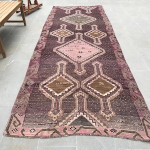 Vintage Area Rug, Turkish Rug, 4x12 ft, Pink Runner Rug, Bohemian Décor, Large Anatolian Rug, Handmade Wool Carpet, Unique Hallway Rug