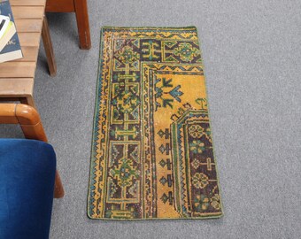 Turkish 1.5x2.9 ft Rug, Small Vintage Rug, Yellow Green Patchwork Wool Rug