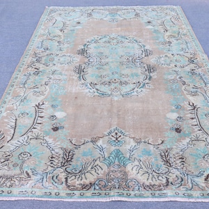 Vintage Turkish Area Rug, 6x9ft, Elegant Pastel Beige and Aqua Blue Tones, Intricate Floral Motifs, Handmade Decor Piece