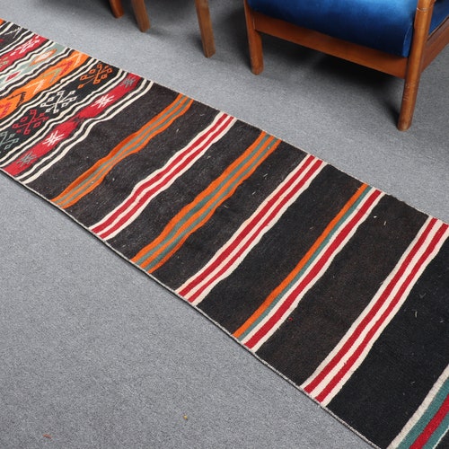 Vintage Kilim, shops Turkish Kilim, Runner Kilim, Antique Kilim, 26x112 inches Black Kilim, Office Kilim, Stair Kilim, 10079