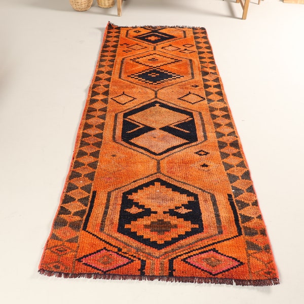 Runner Carpet, Vintage Rug, Herki Rug, Turkish Rug, Home Decor Rug, 35x97 inches Orange Rug, Office Hallway Rugs,  8398