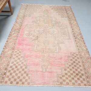 Vintage Turkish Area Rug, Soft Pastel Pink and Beige, Geometric Floral Design, Handmade 5x8ft, Home Decor Carpet, Bohemian Style Rug