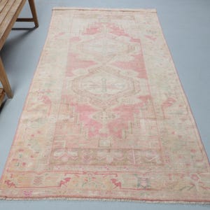 Vintage Turkish Rug, Pink Oushak Rug, 4x8 ft Area Carpet, Handmade Floor Decor, Bohemian Pastel Rug, Gift For Home, Farmhouse Runner