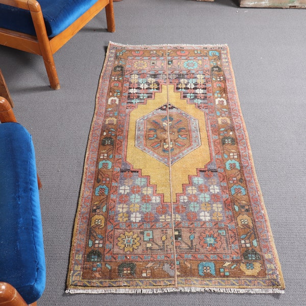 Vintage Rug, Turkish Rug, Small Rug, Patchwork Rug, Faded Oushak Rug, Rugs For Entry, 2.5x4.9 ft Brown Rug, Floor Rugs, Small Turkish Rug,