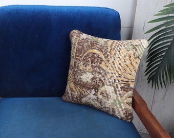 Home Decor Pillow, Kilim Cushion Sham, 14x14 Ethnical Kilim Rug Pillow, Vintage Kilim Pillow, Green Pillow Cover, Textured Pillow,