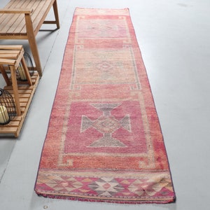 Turks tapijt, vintage tapijt, Herki-tapijt, loper, vloerkleed, woondecoratie, 34 x 130 inch roze tapijt, tribal traptapijt, 8616
