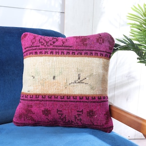 Kilim Pillow, Vintage Pillow, 18x18 Turkish Kilim Pillow, Ethnical Kilim Rug Pillow, Pink Pillow Cover, Patchwork Pillow, Rug Pillow,