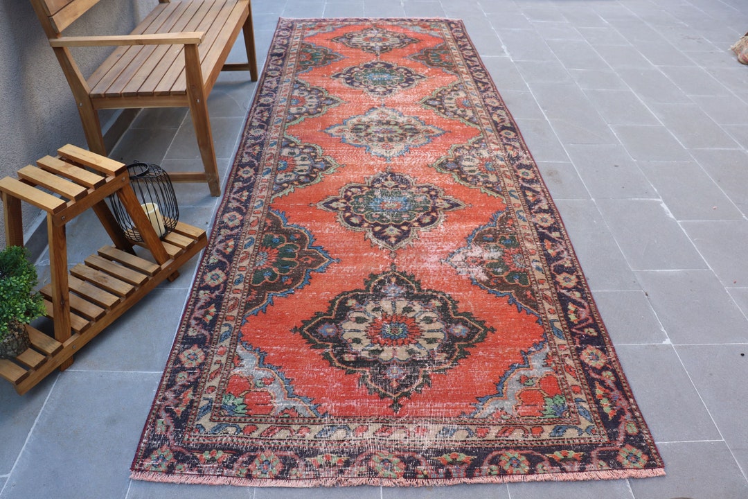 Vintage Rug, Red Kitchen Rug, Gift for Him, 4.3x11.8 Ft Runner Rugs, Rugs for Kitchen, Oushak