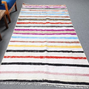 Turkish Striped Kilim, Vintage Kilim Rug, Handwoven Stripes, 133x258cm, 4x8ft, Bohemian Decor, Rug for Living Room
