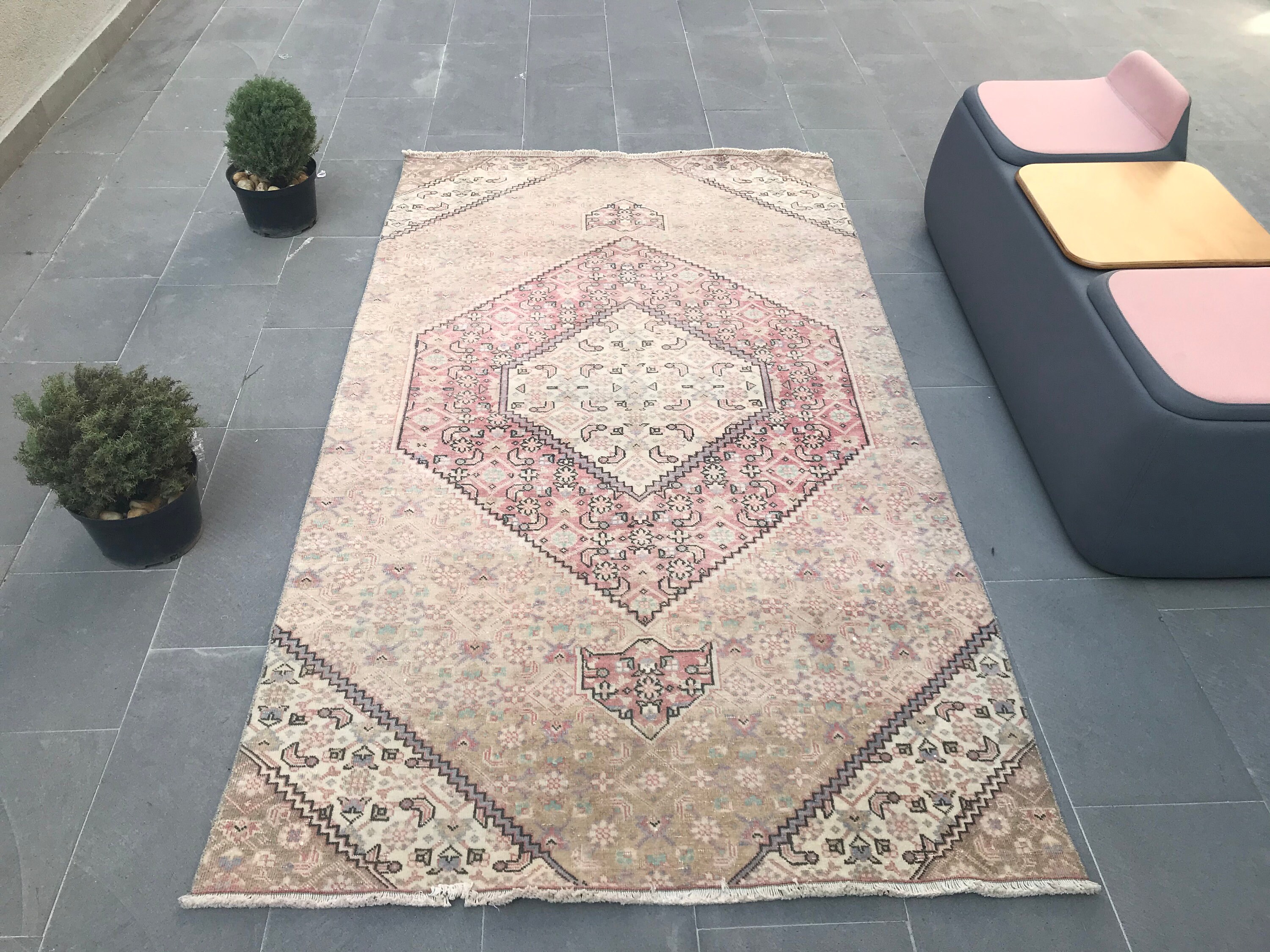 Turkish Rug/4.2 X 7.5 Ft Vintage Oushak Area Rug, Pink Floral High Quality Salon Antique Ao - 647