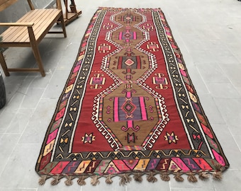 Turkish Kilim, 4.9x13.6 ft, Oushak Kilim,Vintage Kilim, Antique Kilim, Geometric Kilim, Organic Kilim, Runner Kilim, Hallway Kilim, AO- 1918