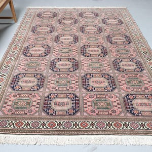 Vintage Turkish Area Rug, Geometric Pattern, 7x9ft, Pink and Navy Tones, Handmade Wool Carpet, Traditional Home Decor