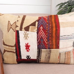 Kilim Cushion Sham, Interior Designer Pillow, 20x28 Throw Kilim Pillow, Pillow for Couch, Beige Pillow, Lumbar Pillow, Patchwork Pillow,