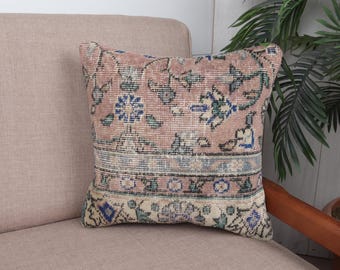 Cojín de diseño de interiores, cojín Kilim hecho a mano, cojín vintage de 16x16, cojín decorativo Kilim vintage, cojín rosa, cojín texturizado,