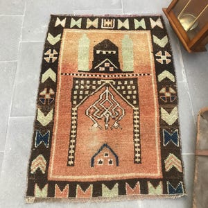 Turkish Rug, 2x3 ft, Vintage Rug, Handmade Carpet, Orange Rug, Bohemian Decor, Small Area Rug, Decorative Floor Covering, Geometric Pattern