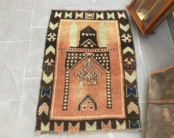 Rug, 2.4x3.3 ft Vintage Rug, Brown Ikat Rug Wool