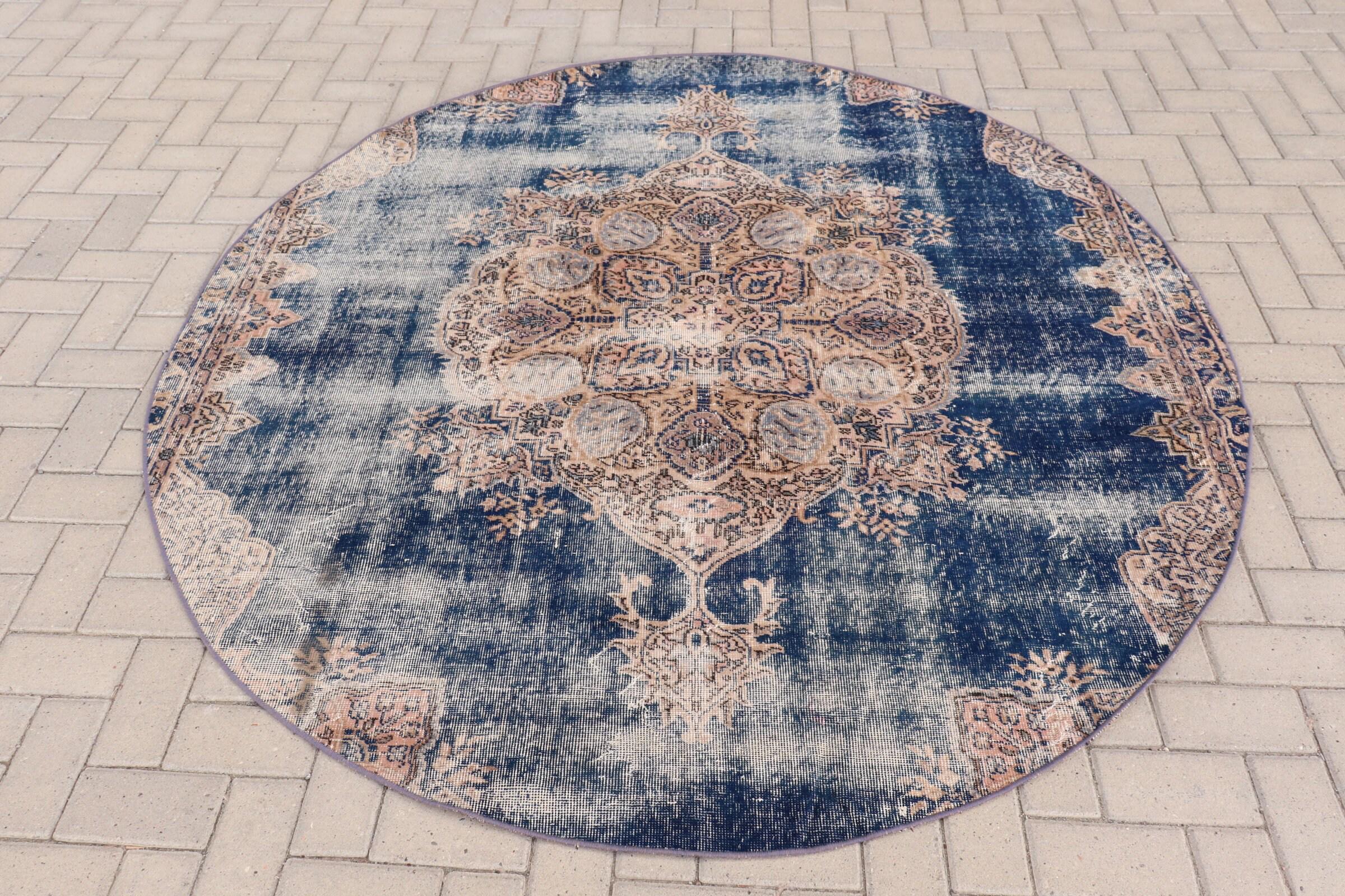 円形トルコラグ、ヴィンテージブルーカーペット、6 x 7 フィートの