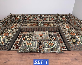 Earth Tone Ottoman Sofa Set, Rustic Conversation Lounge, Geometric Corner Seating, Low Profile Home Furniture, Woven Corner Seating Set
