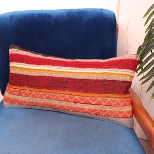 May include: A colorful striped throw pillow with a geometric pattern on a blue velvet armchair.
