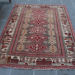 Vintage Turkish Rug, 4x6 ft, Handmade Carpet, Oushak Style, Oriental Decor, Area Rug, Unique Design, Red and Beige, Traditional Pattern