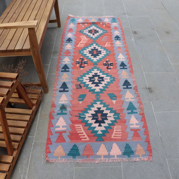 Türkische Kelim, Azteken Kelim, 2,4 x 6,8 ft, Oushak Kilim, Vintage Kelim, geometrische Kilim, Läufer Kelim, Küche Kelim, Original AO- 2339