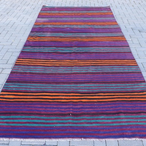 Vintage Turkse kelim, kleurrijk gestreept tapijt, woondecoratie, 5 x 11 ft, handgemaakt wollen tapijt, woonkamertapijt, unieke textielkunst, buitengebruik