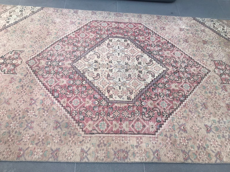 4.2x7.5 ft Area Tapijten, Vintage Tapijt, Boho Area Tapijt, Antiek Tapijt, Beige Oushak Tapijten, Tapijten Voor Eetkamer, Turks Tapijt, Etnische Kwekerij Tapijt afbeelding 4