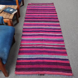 May include: A rectangular, striped rug in shades of pink, purple, and gray. The rug is made of woven material and has a fringe on the bottom edge. The rug is placed on a gray surface.