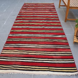 Turkish Kilim Rug, 4x11 ft, Striped Kilim, Vintage Turkish Rug, Handmade Kilim, Oriental Decor, Large Flatweave Rug, Turkish Area Rug