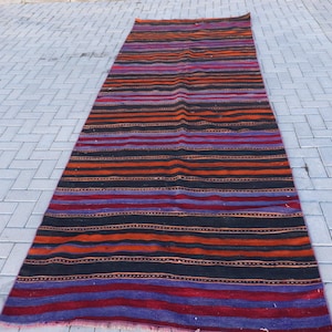 Vintage Kilim, Turkish Runner, Handwoven Home Decor, 4x13ft Striped Rug, Bohemian Carpet, Wool Turkish Kilim Rug