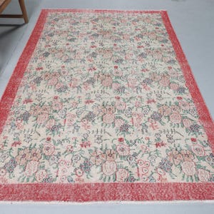 5x9 ft Turkish Rug, Vintage Floral Rug, Oushak Carpet, Handmade Wool Rug, Large Area Rug for Bedroom, Living Room Rug, Exotic Beige Rug