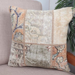 Throw Kilim Pillow, Boho Pillow Sham Cover, 16x16 Vintage Kilim Throw Pillow, Handmade Kilim Cushion, Beige Pillow Cover, Patchwork Pillow,